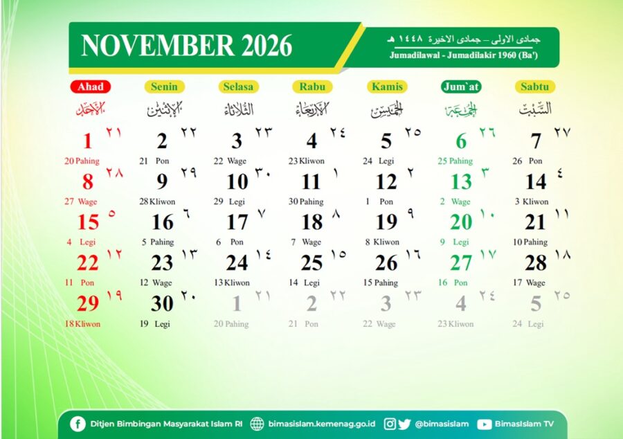 Kalender hijriah Indonesia bulan November 2026 M.
