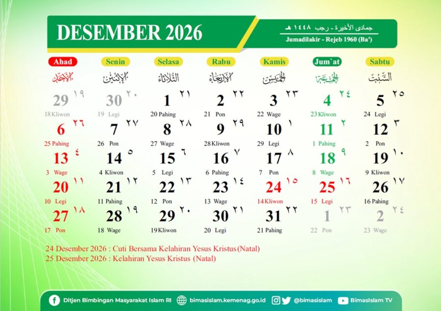 Kalender hijriah Indonesia bulan Desember 2026 M.