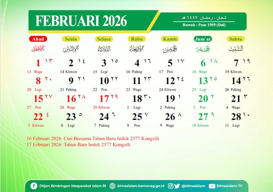 Kalender hijriah Indonesia bulan Februari 2026 M.