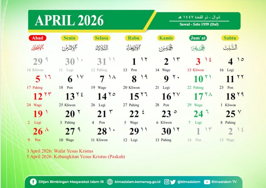 Kalender hijriah Indonesia bulan April 2026 M.