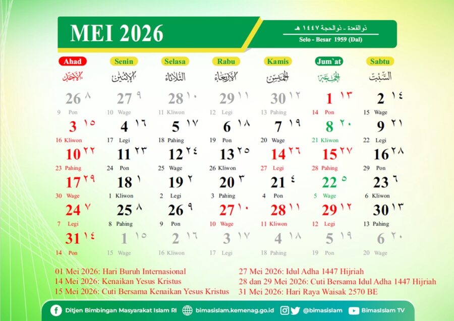 Kalender hijriah Indonesia bulan Mei 2026 M.