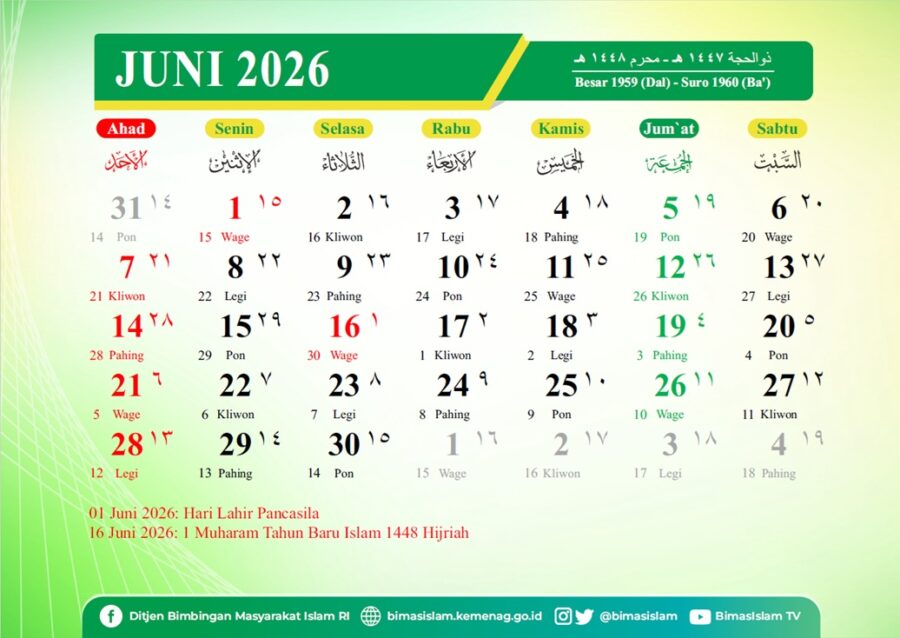 Kalender hijriah Indonesia bulan Juni 2026 M.