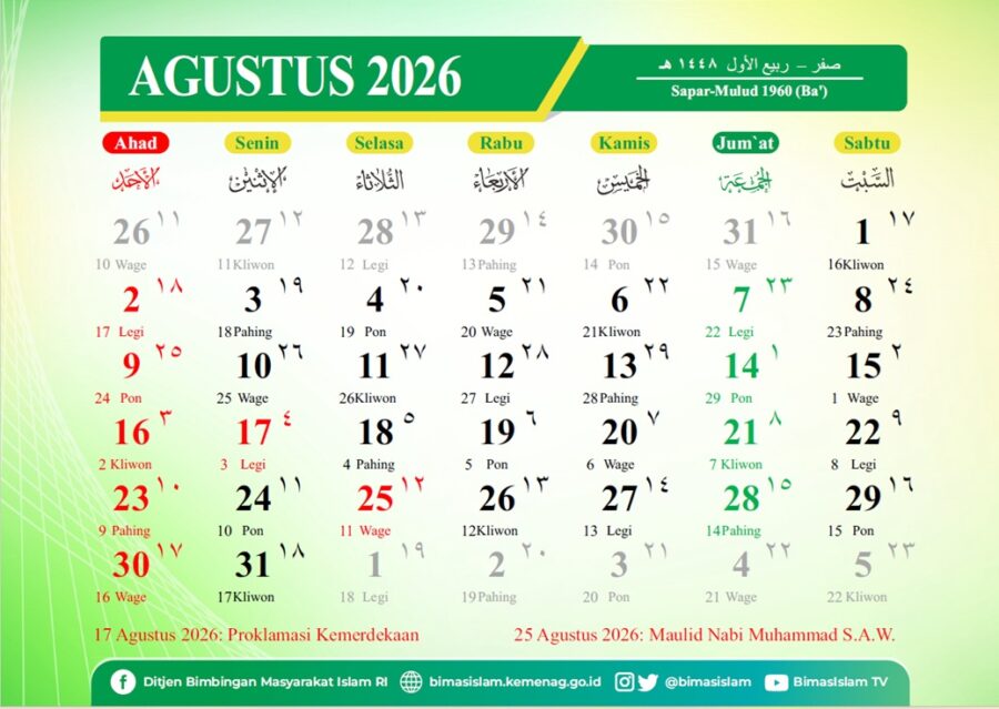 Kalender hijriah Indonesia bulan Agustus 2026 M.