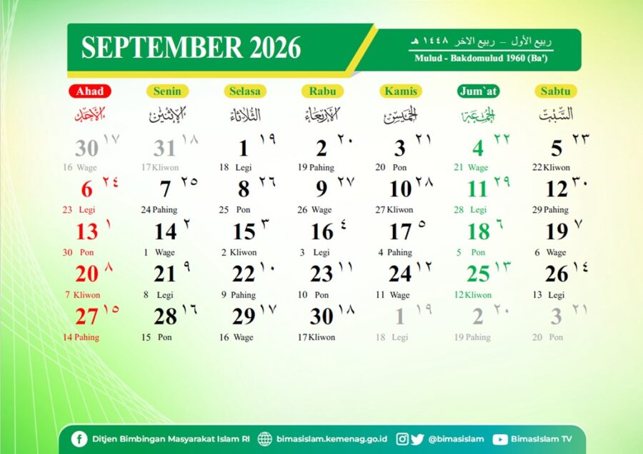 Kalender hijriah Indonesia bulan September 2026 M.