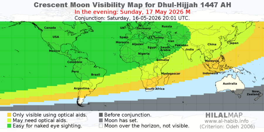 Crescent moon visibility map for Dhul-Hijjah 1447 AH on Sunday, 17 May 2026 (HilalMap). The green-shaded area indicates regions where the hilal should be easily visible to the naked eye.