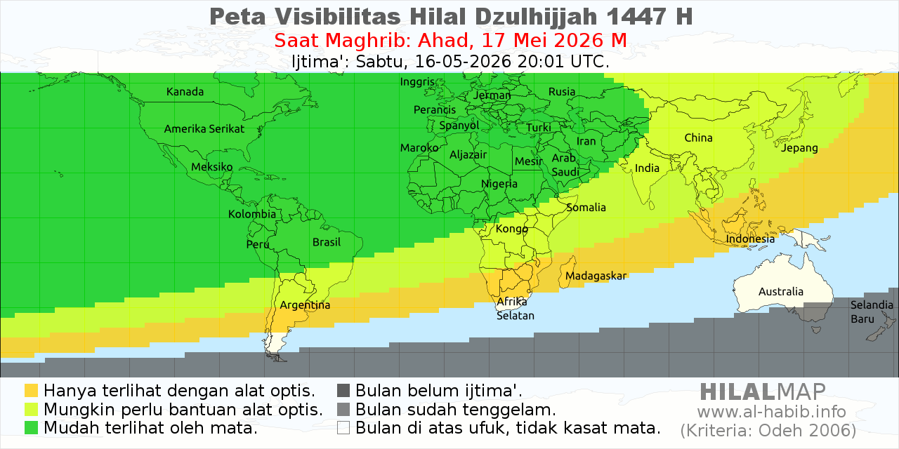 Peta visibilitas hilal 1 Dzulhijah 1447 H pada petang hari Ahad, 17 Mei 2026 M.